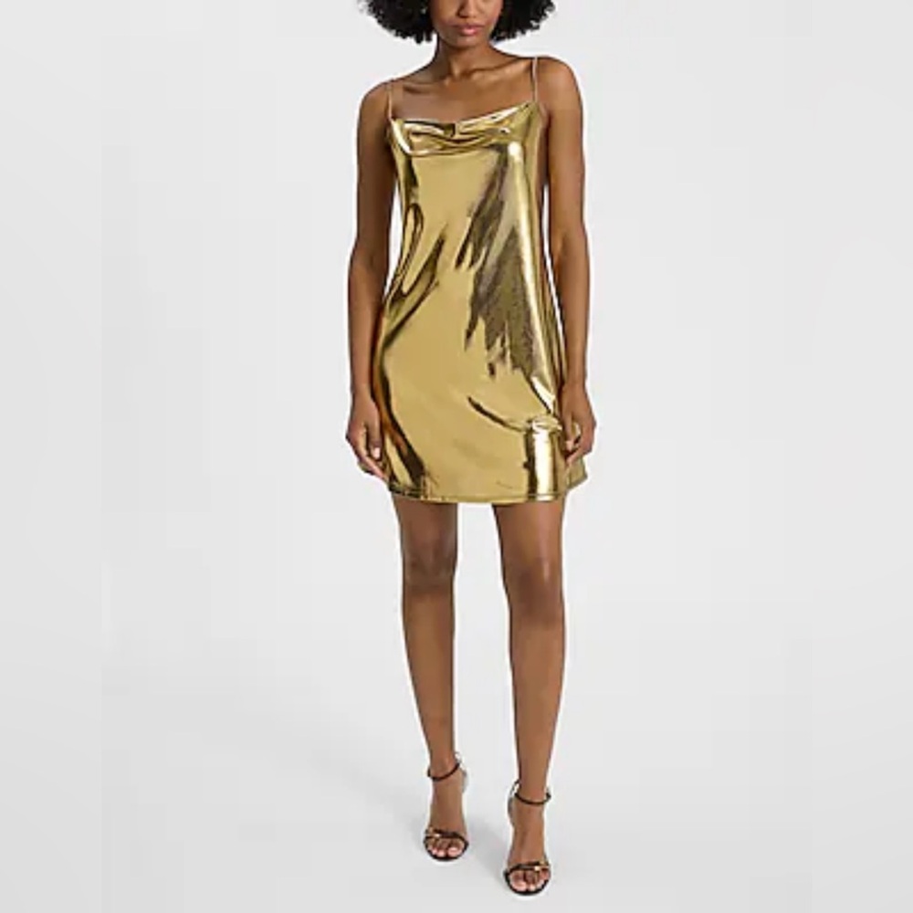 Metallic Foil Sleeveless Cowl Neck Mini Slip Dress - Gold, Size L, Express